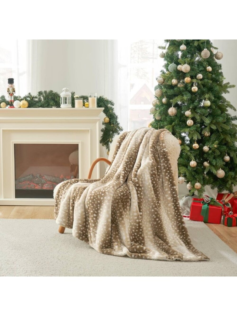 Cozy Deer Print Faux Fur Throw Blanket, 60"x80", Soft Warm Home Decor